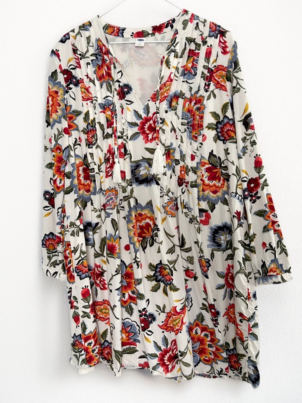 Old Navy Boho Floral Paisley Tunic Dress Size L Tassel Tie Peasant Cottagecore